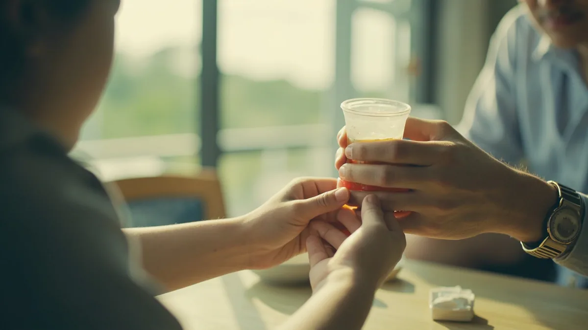 A person offers a small cup of medicine to another, illustrating “time for your medicine” in Chinese: 该吃药了 (gāi chī yào le)