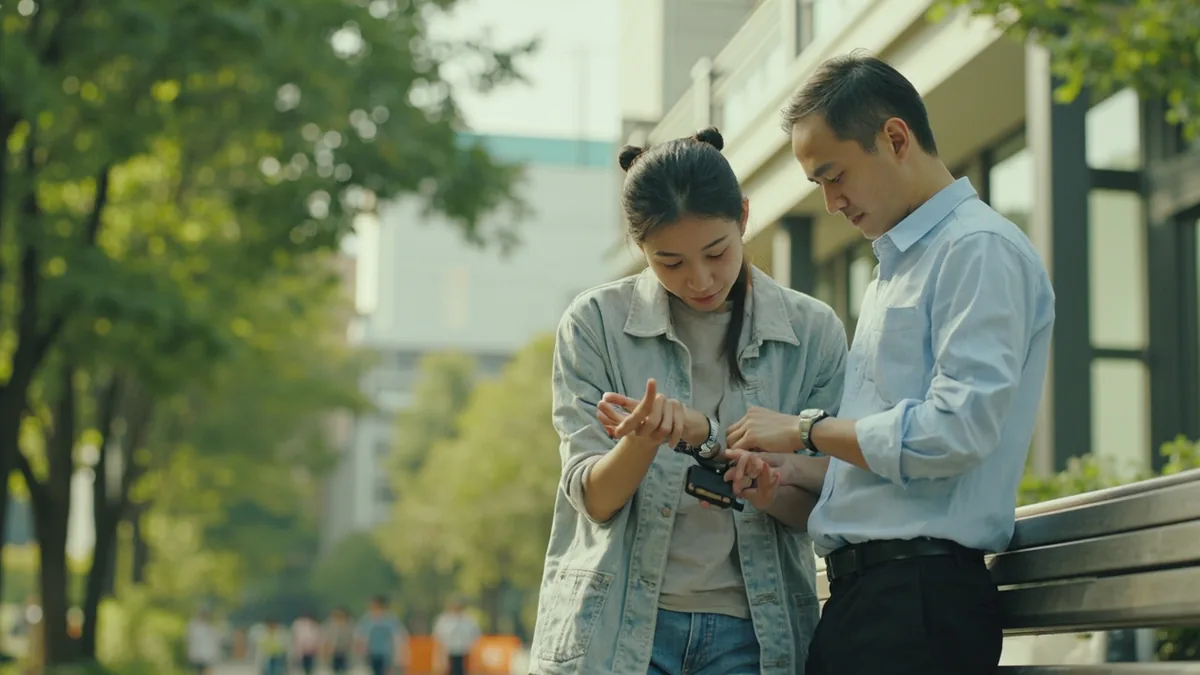 Two friends check their watches to coordinate plans, illustrating “time” in Chinese: 时间 (shíjiān)