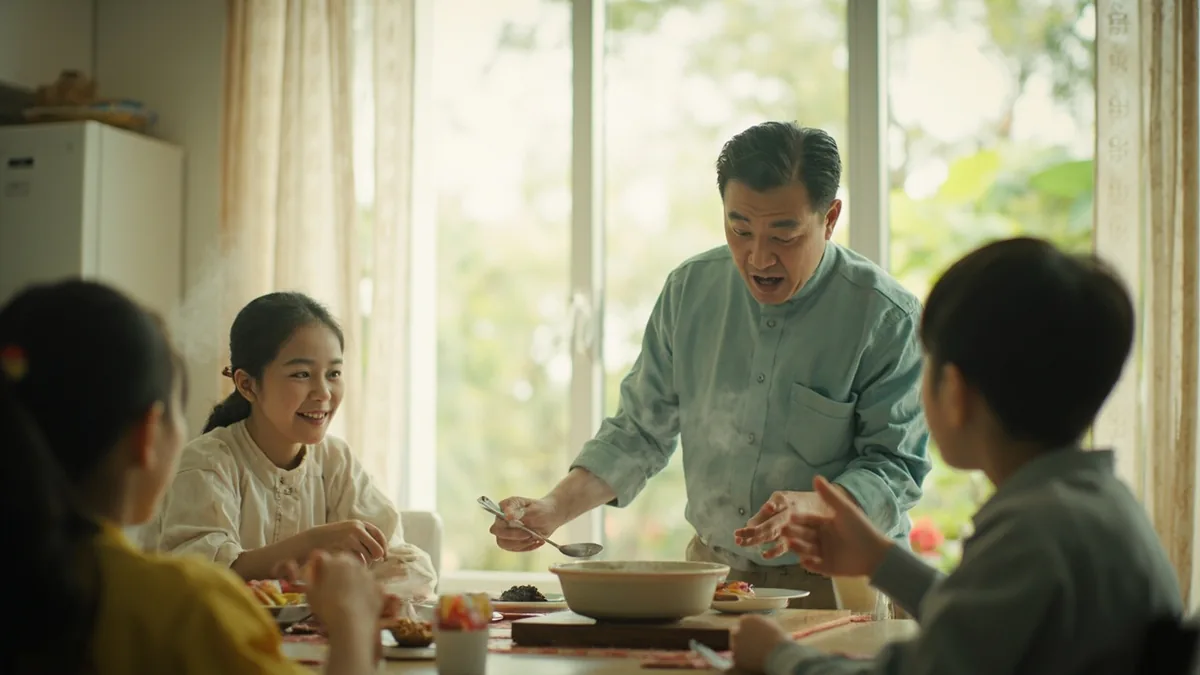 A family gathers around a table for a home-cooked meal, illustrating “time to eat” in Chinese: 吃饭了！ (chīfàn le!)
