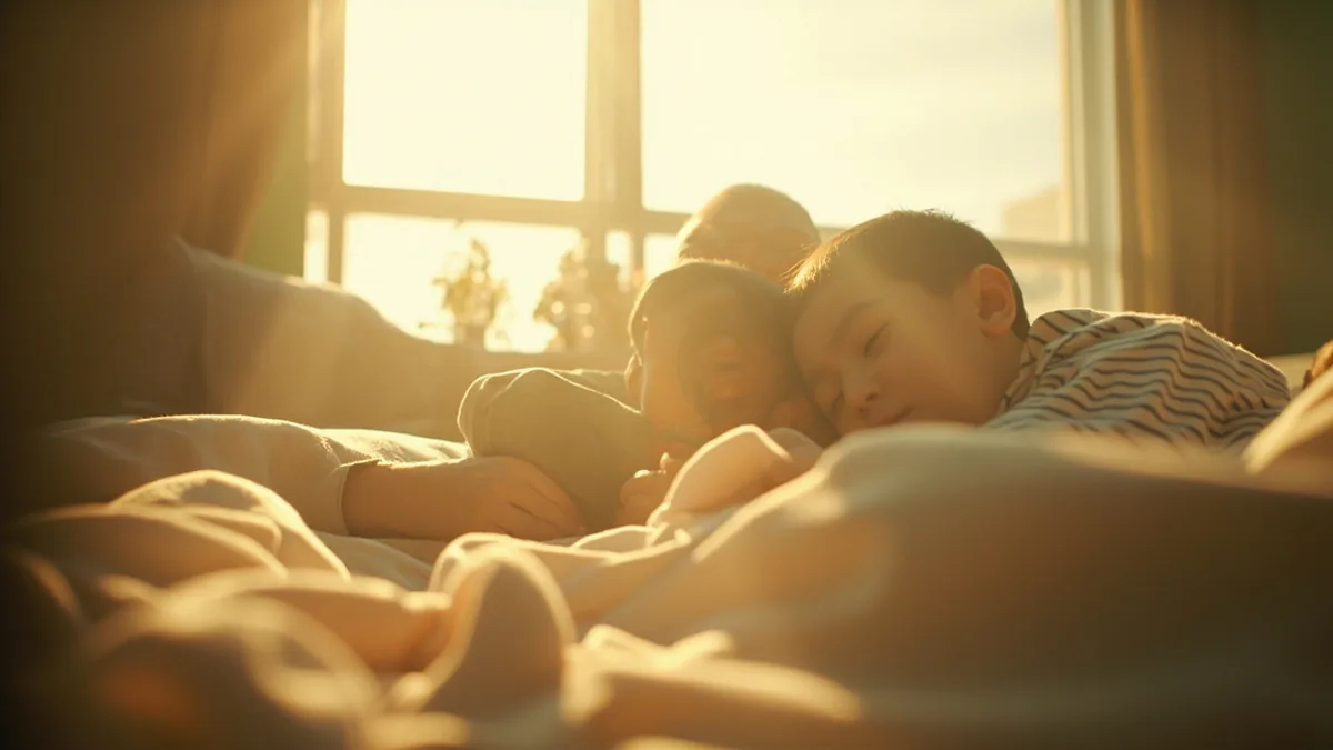 A parent gently wakes a child in a sunlit bedroom, illustrating “time to get up” in Chinese: 起床了 (qǐchuáng le)