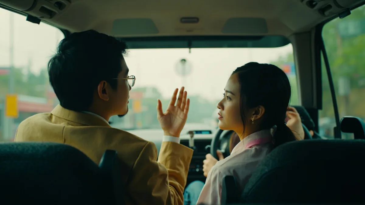 A person gives directions to a driver for a train station trip, illustrating “to the train station, please” in Chinese: 去火车站 (qù huǒchēzhàn)