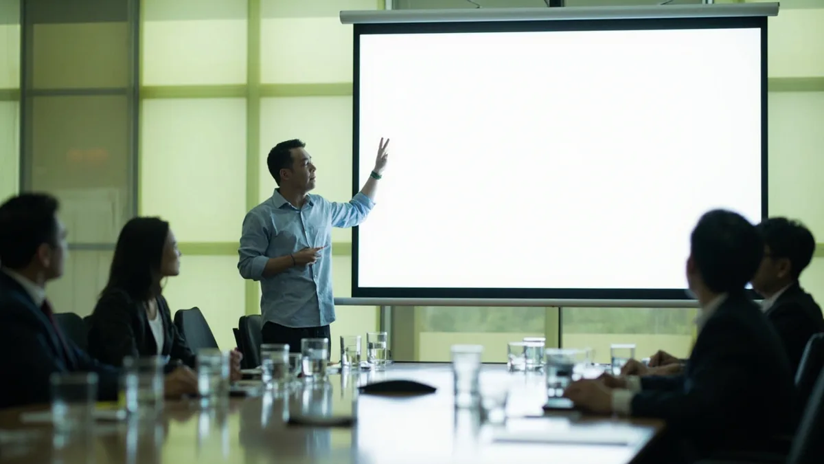 A professional leads a meeting, gesturing toward a large blank display, illustrating “today's agenda is…” in Chinese: 今天的议题是…… (jīntiān de yìtí shì...)