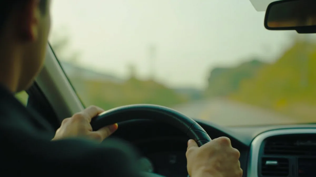 A driver's hands firmly grip a steering wheel, turning it to the right, illustrating “turn right” in Chinese: 右转 (yòu zhuǎn)