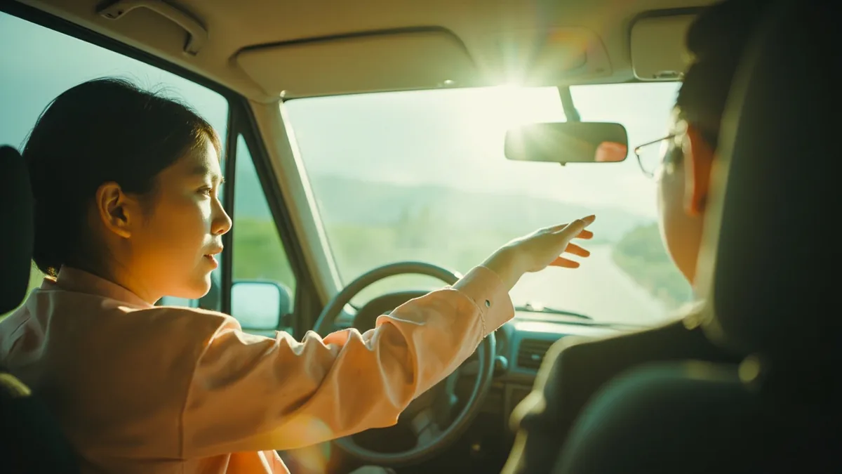 Passenger's hand gestures politely forward in a car cabin, driver glances back, illustrating “use the meter, please” in Chinese: 打表吧 (dǎ biǎo ba)
