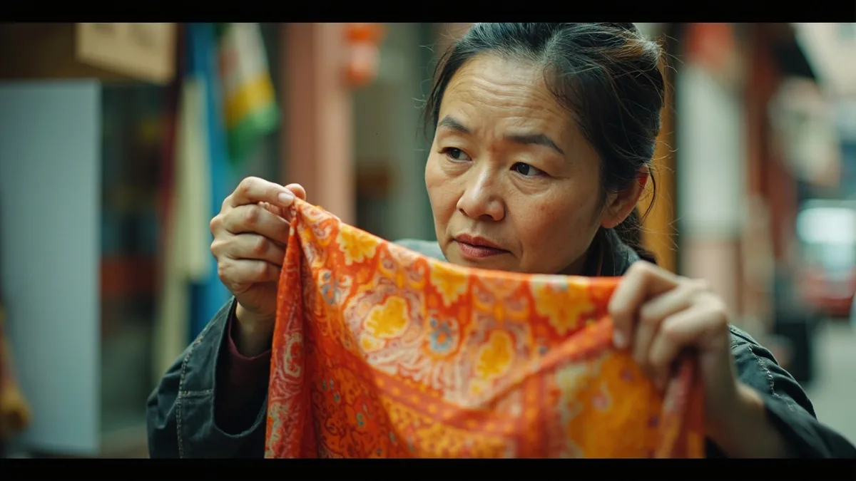 An adult admires a beautifully crafted silk scarf held up for display, illustrating “very beautiful” in Chinese: 很漂亮 (hěn piàoliang)