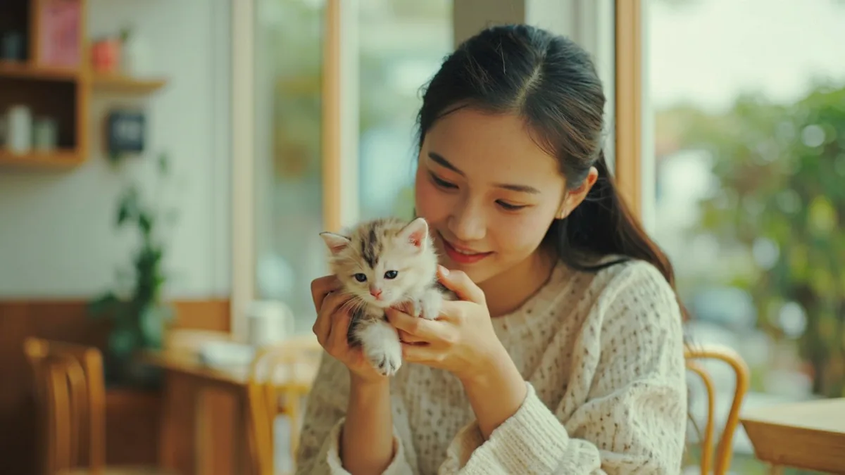 A young person smiles warmly at a small, fluffy pet, illustrating “very cute” in Chinese: 很可爱 (hěn kě'ài)