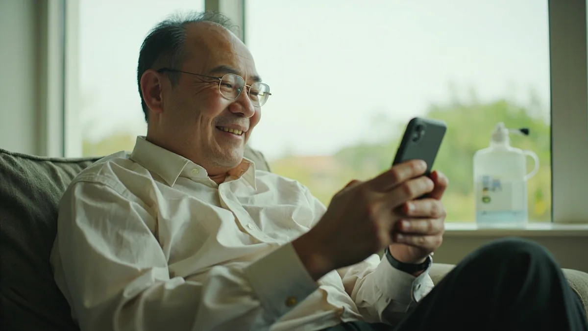 A young person smiles while having a video conversation on a mobile device, illustrating “video call” in Chinese: 视频通话 (shìpín tōnghuà)
