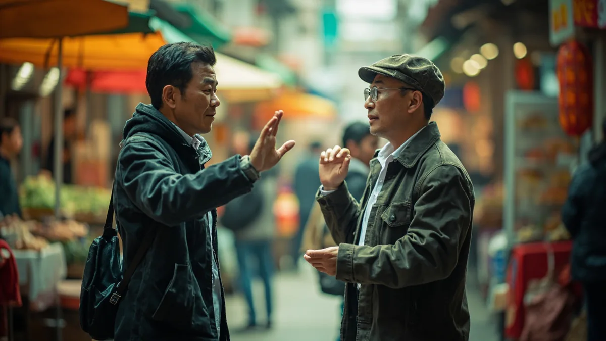 A person makes a polite hand gesture, asking someone to pause briefly, illustrating “wait” in Chinese: 等 (děng)