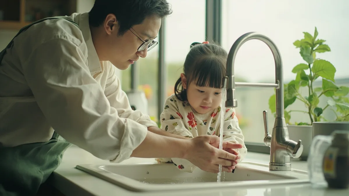 A parent guides a child to wash their hands before a meal, illustrating “wash your hands” in Chinese: 洗手 (xǐ shǒu)