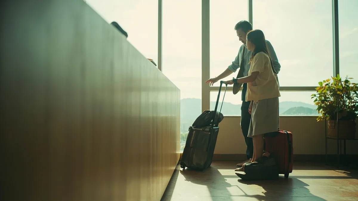 A hotel employee points to a storage area for bags, illustrating “we can store your luggage” in Chinese: 可以寄存行李 (kěyǐ jìcún xíngli)