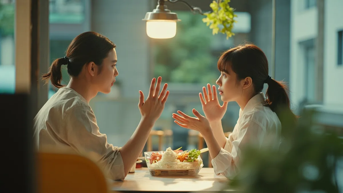 A server politely declines a customer's attempted tip with a gentle hand gesture, illustrating “we don't accept tips” in Chinese: 我们不收小费 (wǒmen bú shōu xiǎofèi)
