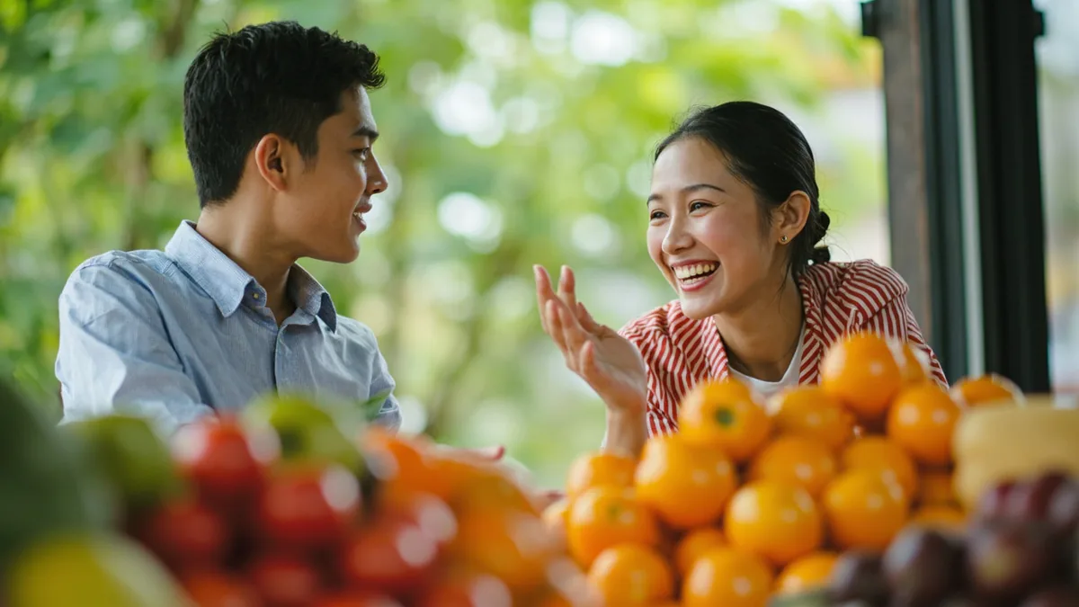 Vendor gestures at colorful fresh fruit, indicating a special value to a customer, illustrating “we have a promotion right now” in Chinese: 现在有活动 (xiànzài yǒu huódòng)