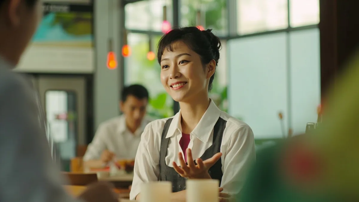 A cafe owner warmly waves goodbye to a departing customer, illustrating “we look forward to seeing you again” in Chinese: 期待您再次光临 (qīdài nín zàicì guānglín)