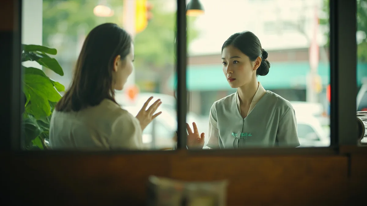 A cafe employee gestures to a customer that they are closing, illustrating “we're closing soon” in Chinese: 快打烊了 (kuài dǎyàng le)