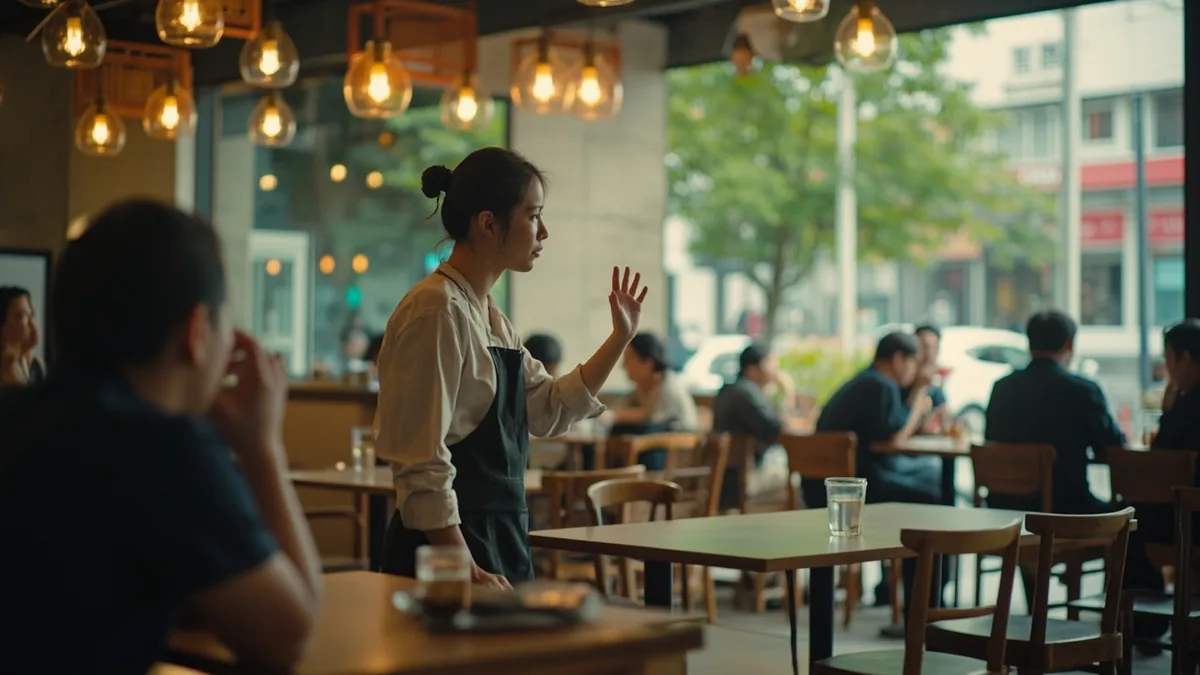 A cafe worker politely informs a waiting customer that all seats are taken, illustrating “we're full right now” in Chinese: 现在客满了 (xiànzài kèmǎnle)
