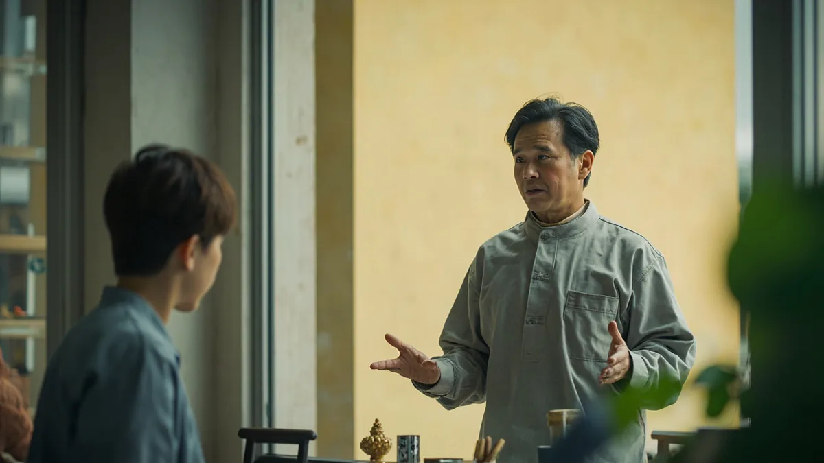 A shop owner gestures with open hands while speaking to a customer about daily operating hours, illustrating “we're open from 10 to 8” in Chinese: 营业时间是十点到八点 (yíngyè shíjiān shì shí diǎn dào bā diǎn.)