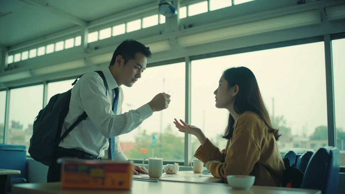 A service worker bows slightly and offers an apology to a customer, illustrating “we're very sorry for the inconvenience” in Chinese: 给您带来不便，非常抱歉 (gěi nín dài lái bùbiàn, fēicháng bàoqiàn)