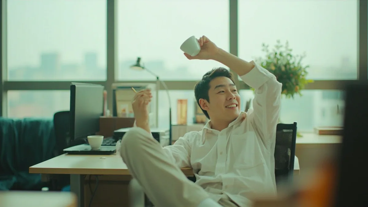An office worker stretches with tea at an empty desk, illustrating “wednesday” in Chinese: 星期三 (xīngqīsān)