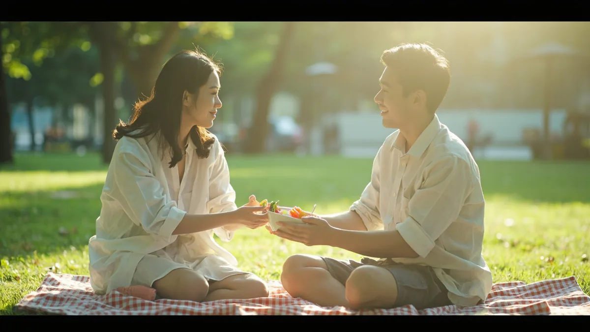 Friends share fruit on a park picnic blanket, illustrating “weekend” in Chinese: 周末 (zhōumò)