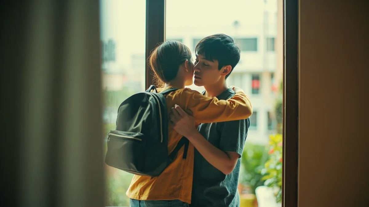 Two people embrace at an open front door, illustrating “welcome home” in Chinese: 欢迎回家 (huānyíng huíjiā)