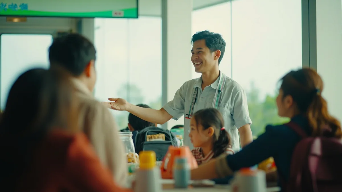 A friendly local offers a welcoming gesture to arriving travelers, illustrating “welcome to China” in Chinese: 欢迎来到中国 (huānyíng láidào Zhōngguó)