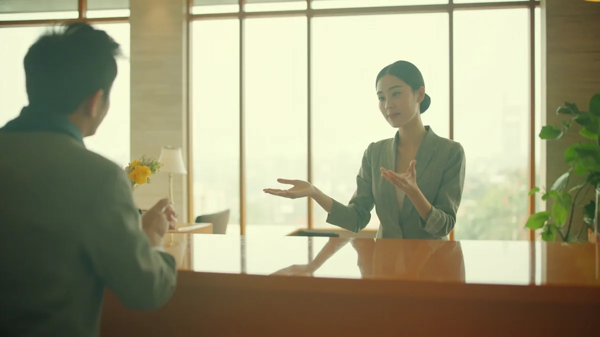 A hotel receptionist warmly gestures to a guest checking into their room, illustrating “welcome to our hotel” in Chinese: 欢迎入住 (huānyíng rùzhù)