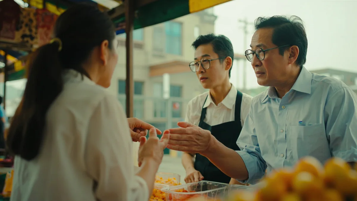 A customer discusses payment options with a vendor, illustrating “what are the payment terms” in Chinese: 付款方式呢？ (fùkuǎn fāngshì ne?)