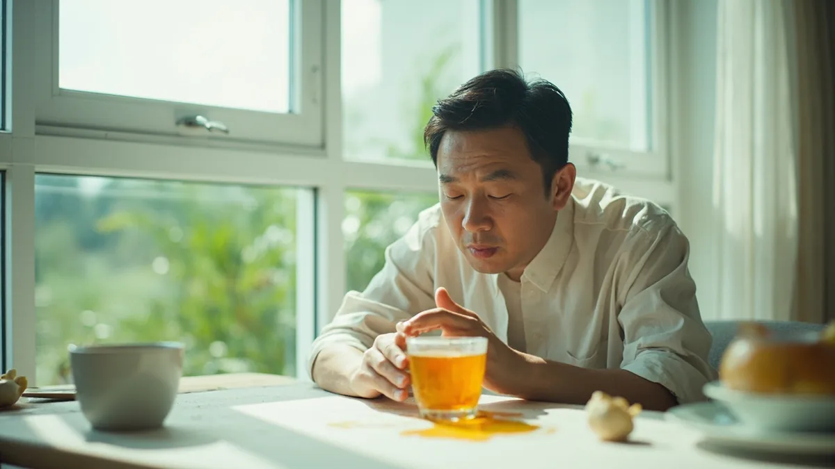 A person frowns at a spilled drink on a table, illustrating “what bad luck” in Chinese: 真倒霉 (zhēn dǎomei)