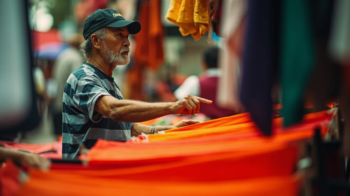 A shopper points at a vibrant piece of fabric in a market stall, asking about its shade, illustrating “what color is this” in Chinese: 这是什么颜色？ (zhè shì shénme yánsè?)