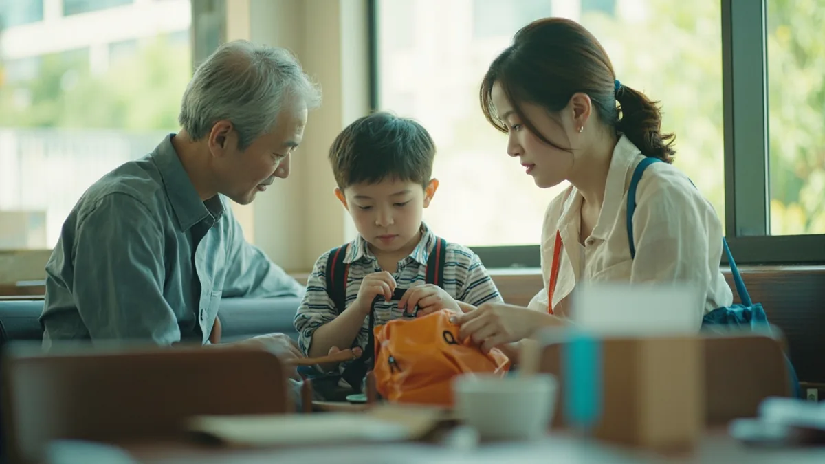 A parent asks a child about their school studies, illustrating “what did you learn” in Chinese: 学了什么？ (xuéle shénme?)