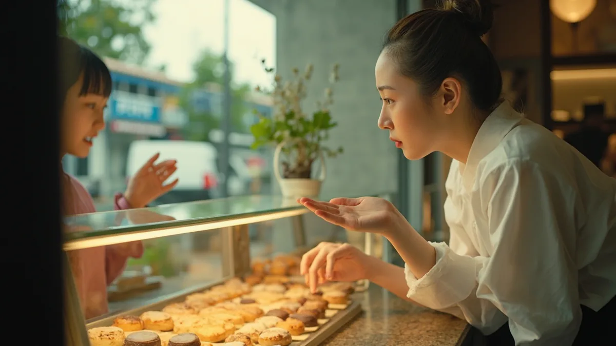 A customer asks a cafe server for a recommendation among the displayed items, illustrating “what do you recommend” in Chinese: 你们有什么推荐的？ (nǐmen yǒu shénme tuījiàn de?)