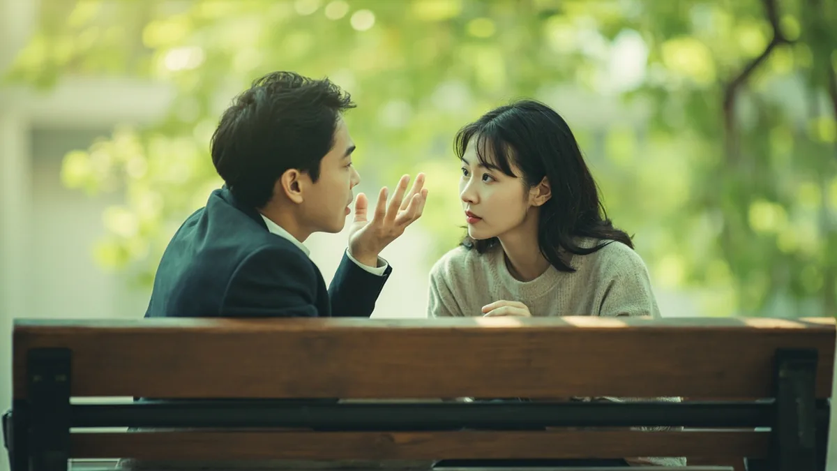 Friends on a park bench, one gesturing with an open hand, asking for an opinion, illustrating “what do you think” in Chinese: 你觉得怎么样？ (nǐ juéde zěnmeyàng?)