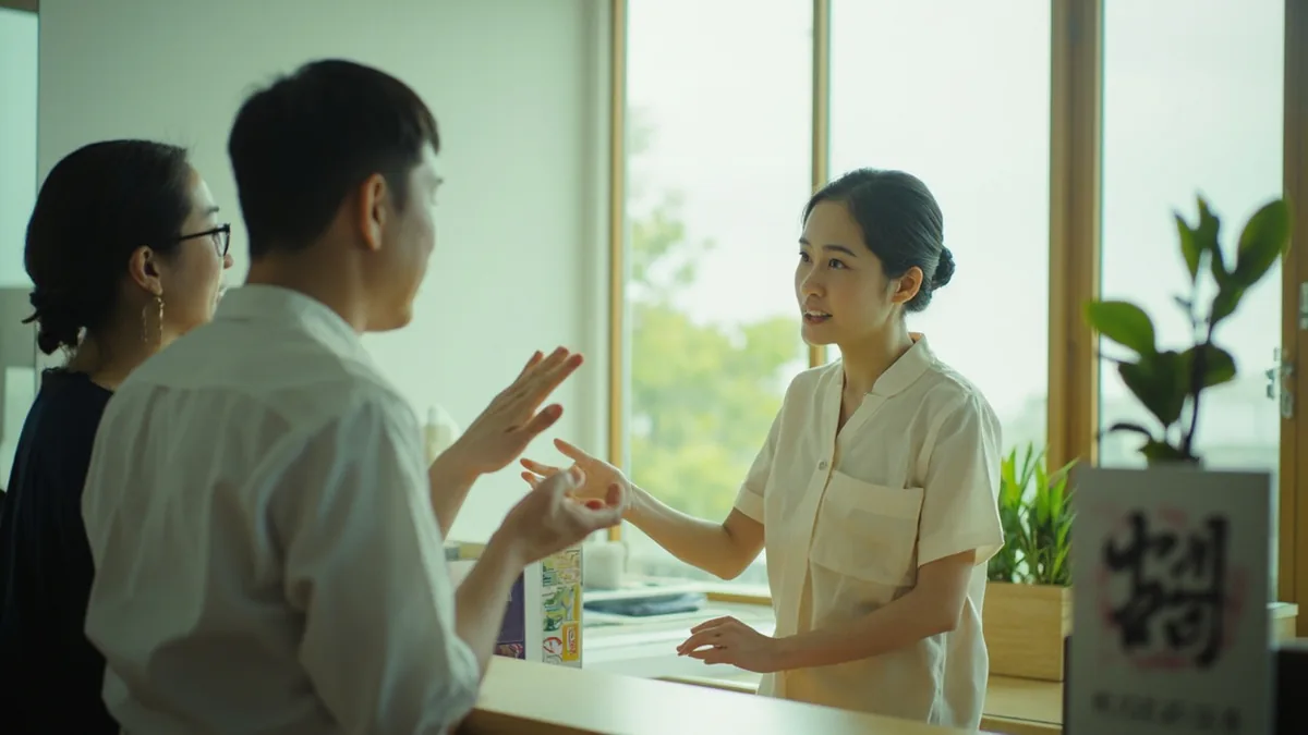A service worker asks a person at a counter for their request, showing readiness to assist, illustrating “what do you want” in Chinese: 你要什么 (nǐ yào shénme)
