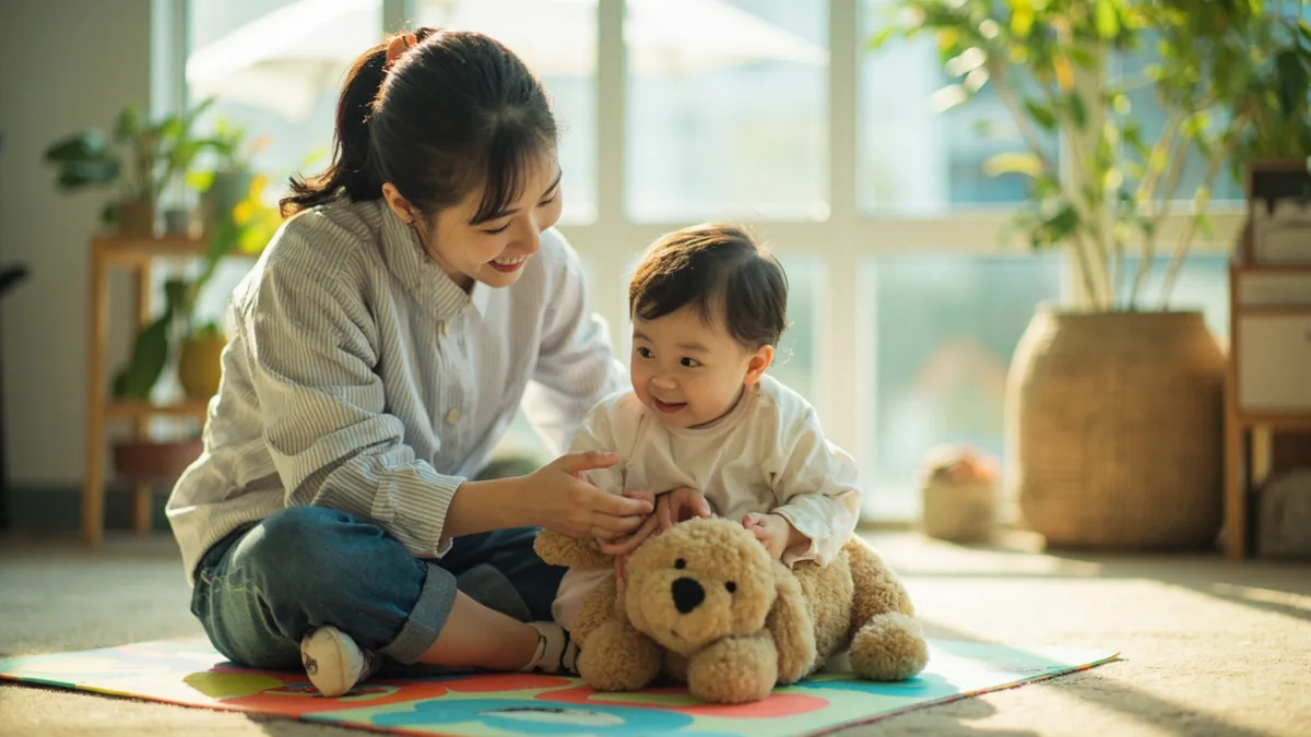 A parent holds a toy dog and playfully asks a toddler to make the animal's sound, illustrating “what does the doggy say” in Chinese: 小狗怎么叫？ (xiǎogǒu zěnme jiào?)