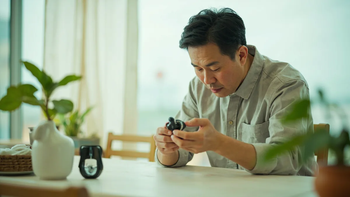 A person picks up an unfamiliar small gadget from a table and examines it curiously, illustrating “what is this” in Chinese: 这是什么？ (zhè shì shénme?)