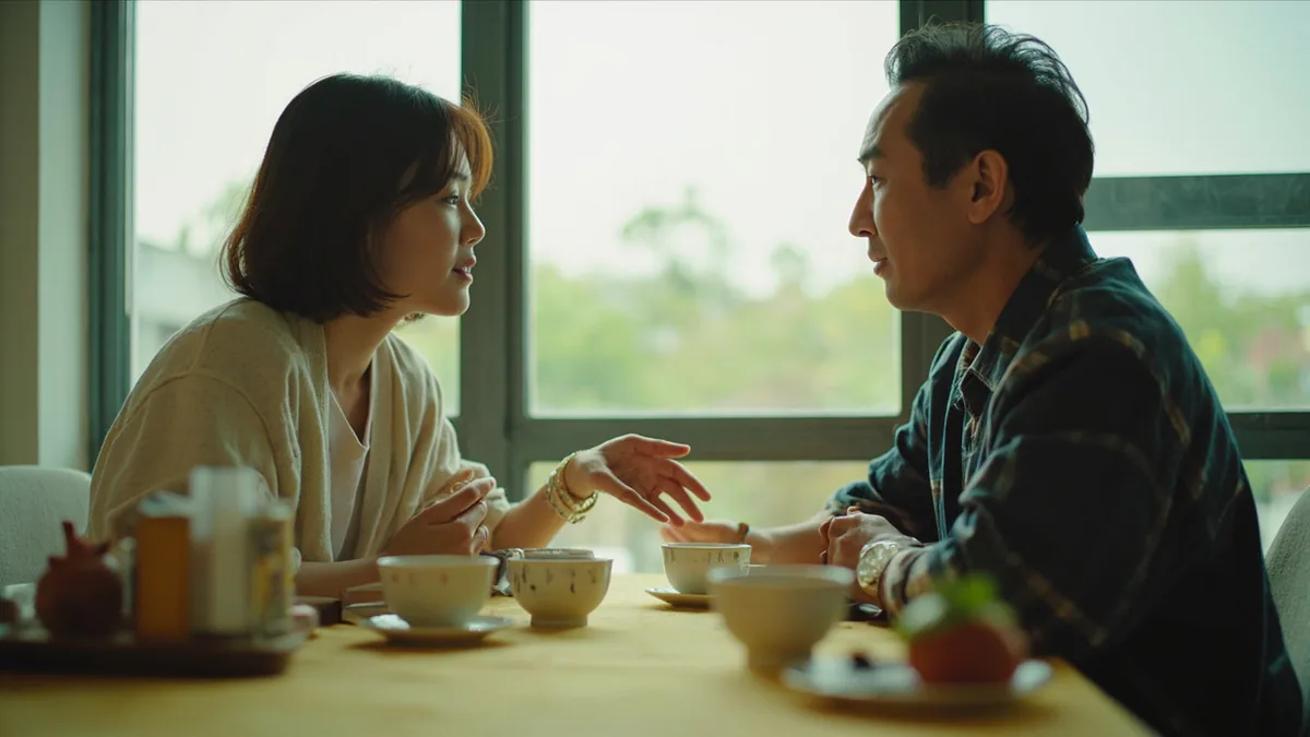 Two people engage in a friendly conversation and one asks a personal question, illustrating “what's your Chinese zodiac sign” in Chinese: 你属什么？ (nǐ shǔ shénme?)