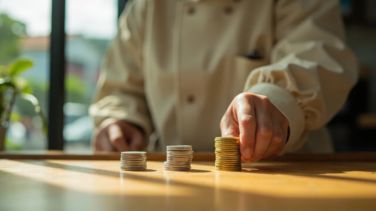 Hands compare two stacks of coins on a counter, illustrating “what's the exchange rate today” in Chinese: 今天的汇率是多少？ (jīntiān de huìlǜ shì duōshao?)