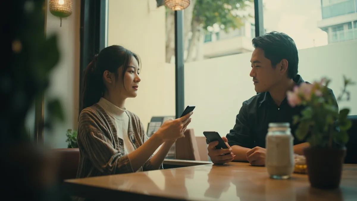 A cafe patron asks a server for the internet password, illustrating “what's the wifi password” in Chinese: WiFi密码是什么？ (WiFi mìmǎ shì shénme?)