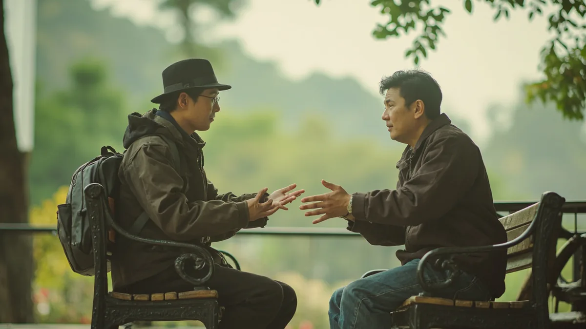 A visitor asks a resident for local sightseeing recommendations, illustrating “what's worth seeing around here” in Chinese: 有什么好玩的地方？ (yǒu shénme hǎowán de dìfang?)