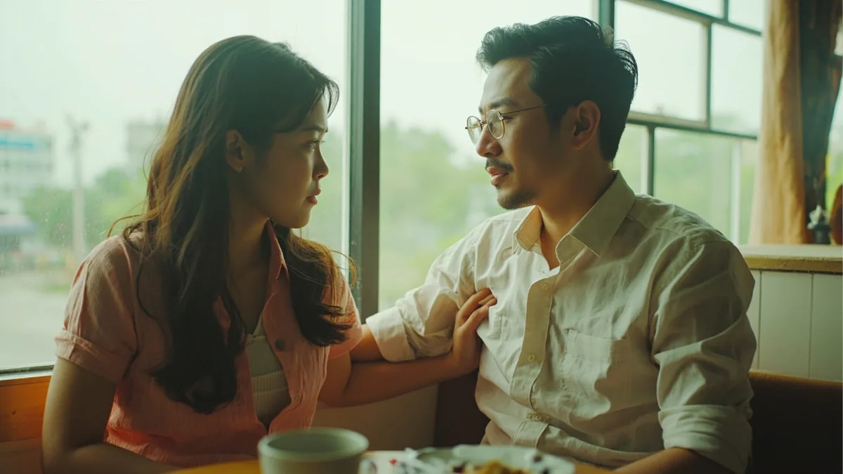 One friend gently touches another's arm, showing concern, illustrating “what's wrong” in Chinese: 怎么了？ (zěnme le?)