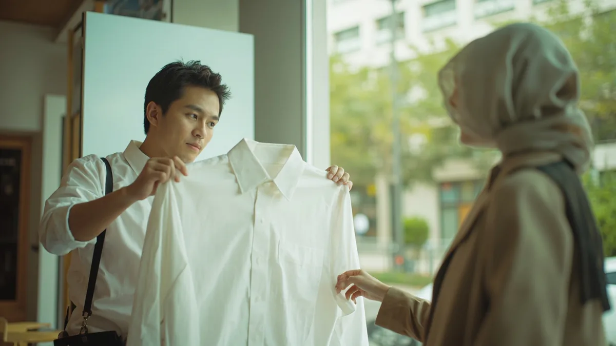 A salesperson holds up a shirt and asks a customer about their size, illustrating “what size do you wear” in Chinese: 您穿多大号？ (nín chuān duō dà hào?)