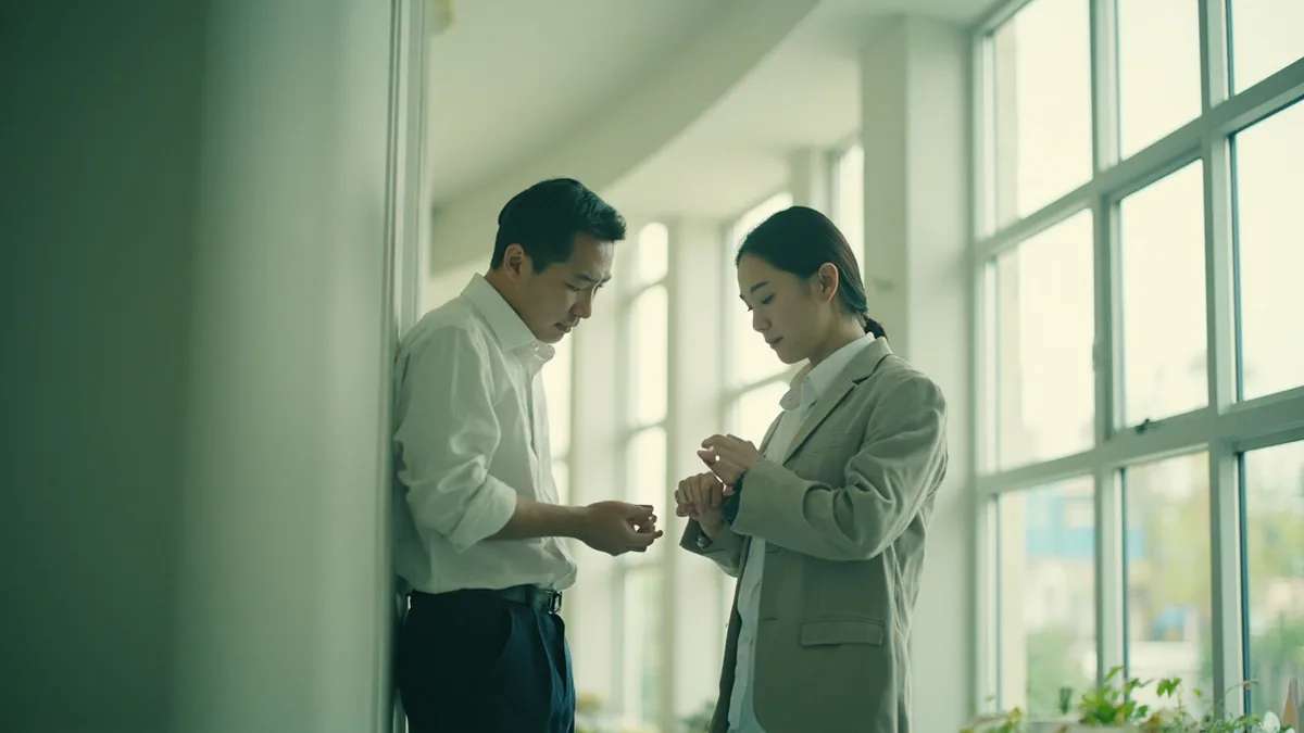 Two colleagues discuss a meeting schedule in a modern office hallway, illustrating “what time does the meeting start” in Chinese: 会议几点开始？ (huìyì jǐ diǎn kāishǐ?)