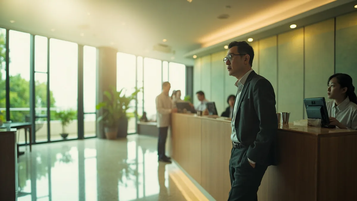 A hotel guest confirms the check-out time with a staff member, illustrating “what time is check-out” in Chinese: 几点退房？ (jǐ diǎn tuìfáng?)