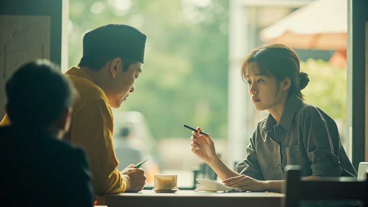 A cafe server politely asks a customer for their beverage choice, illustrating “what would you like to order” in Chinese: 您要点什么？ (nín yào diǎn shénme?)