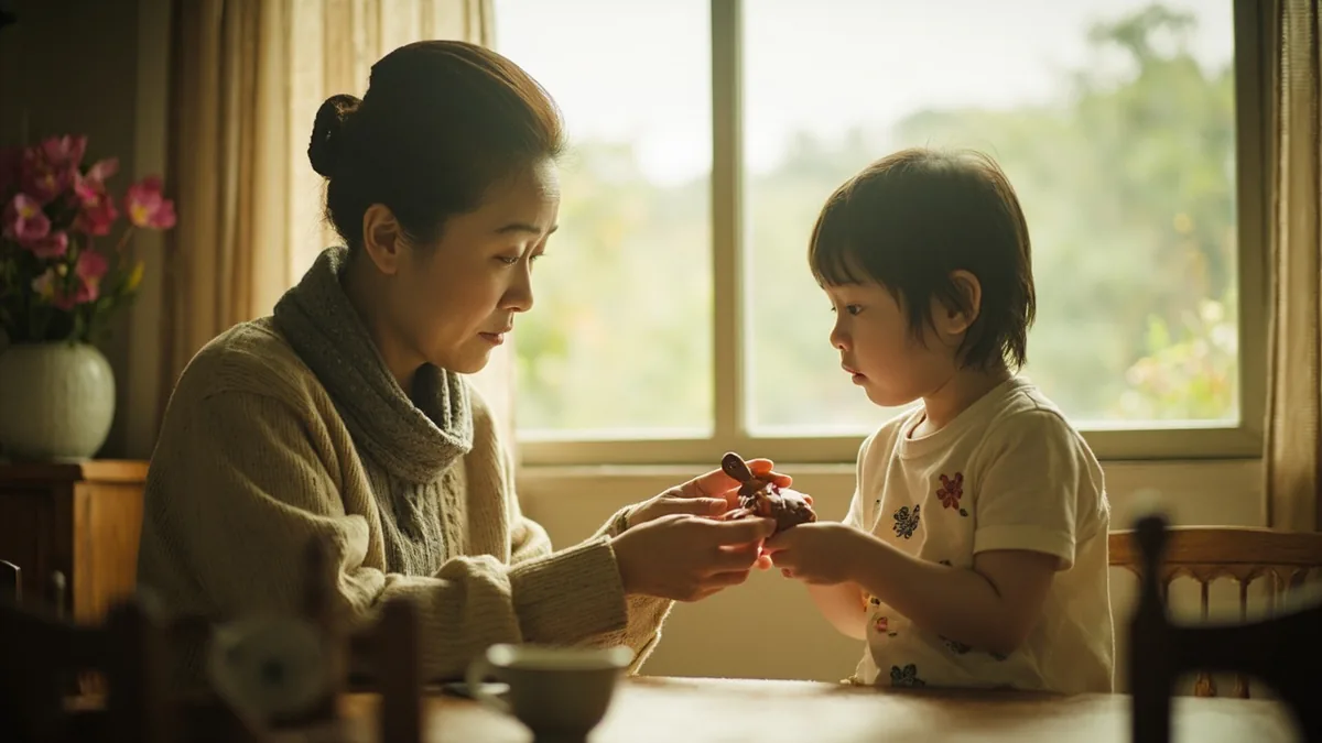 A grandmother shows a child a zodiac animal figurine, illustrating “what year were you born” in Chinese: 你是哪年出生的？ (nǐ shì nǎ nián chūshēng de?)