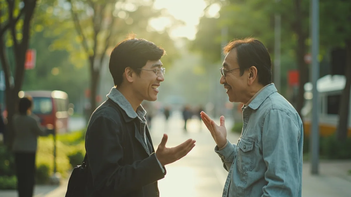 Two friends warmly greet each other with smiles and open gestures, illustrating “what's up” in Chinese: 最近怎么样 (zuìjìn zěnmeyàng)