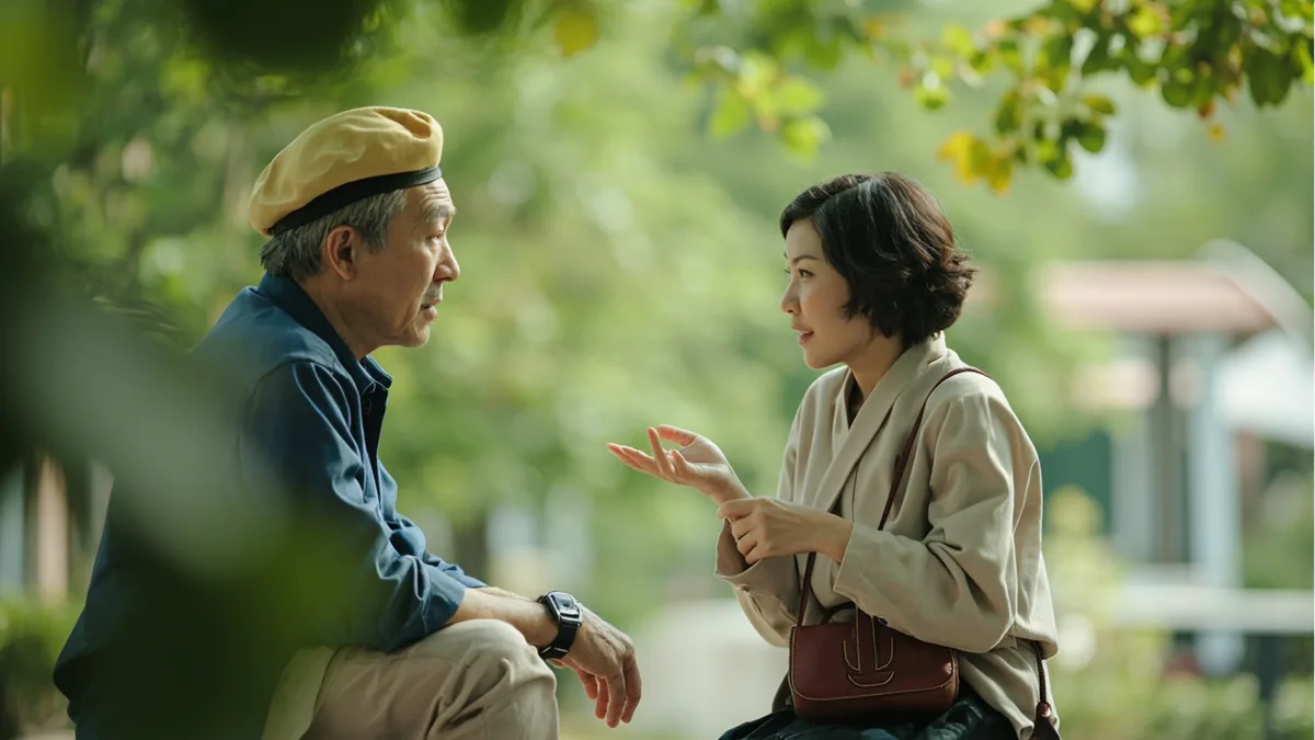 Two friends discuss plans for a future meeting at a park, illustrating “when” in Chinese: 什么时候？ (shénme shíhou?)