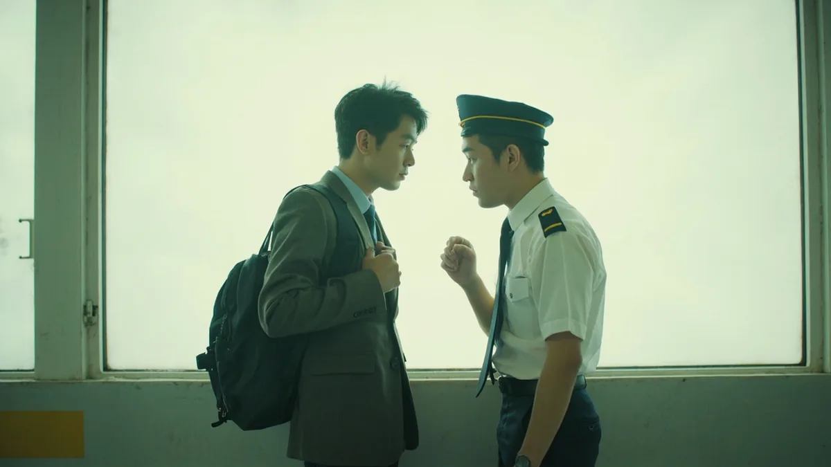 A traveler asks a transit attendant about the final departure time, illustrating “when is the last train or bus” in Chinese: 末班车几点？ (mòbānchē jǐ diǎn?)