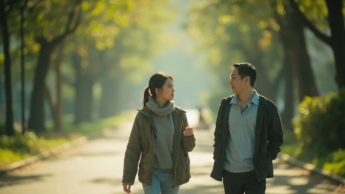 One friend turns to another, asking about their destination while walking casually, illustrating “where are you going” in Chinese: 你去哪儿？ (nǐ qù nǎr?)