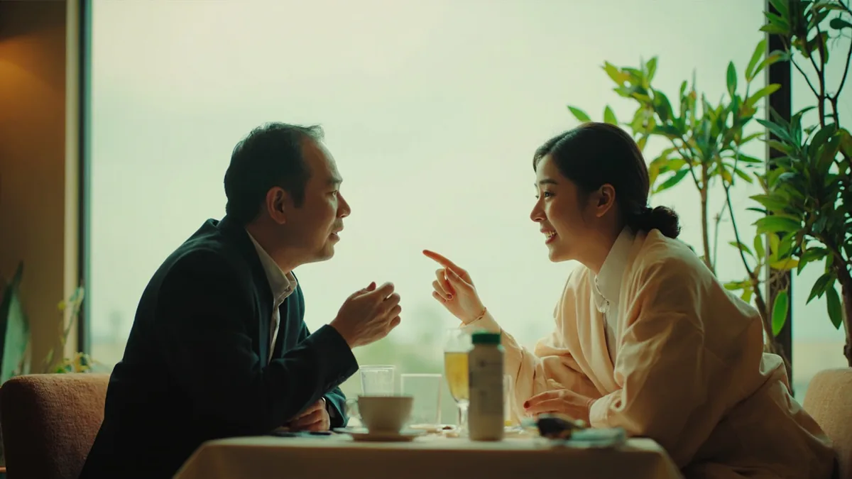 Two new acquaintances chat politely in a cafe, one asking about the other's residence, illustrating “where do you live” in Chinese: 你住在哪里？ (nǐ zhù zài nǎli?)